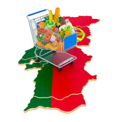 Purchasing power in Portugal concept. Shopping cart with Portuguese map, 3D rendering