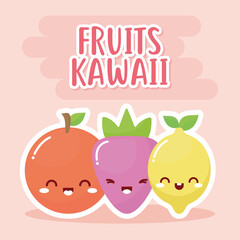 set of kawaii fruits with fruits kawaii lettering