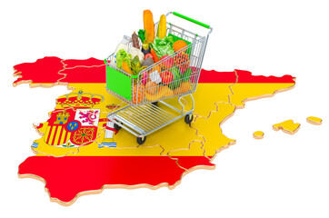 Purchasing power in Spain concept. Shopping cart with Spanish map, 3D rendering