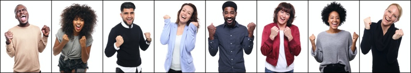 Group of people celebrating in front of a white background