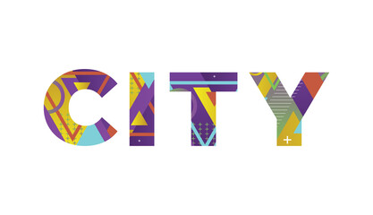City Concept Retro Colorful Word Art Illustration
