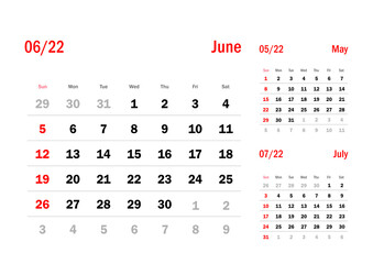 Calendar Grid Set. JUNE PAGE. 12 Months 2022  Quarterly Calendar English 