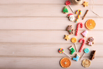 Christmas Concept with Layout Decorated Icing Sugar Cookies Composition. Copy Space for Text