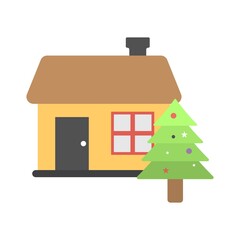Christmas decorated house icon in flat design style.