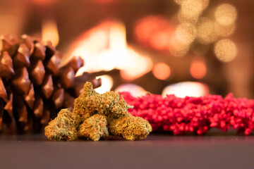 Festive cannabis in front of a fireplace