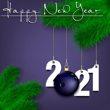 Happy New Year. Numbers 2021 and bowling ball as a Christmas decorations hanging on a Christmas tree branch. Design pattern for greeting card, banner, poster, flyer, invitation. Vector illustration