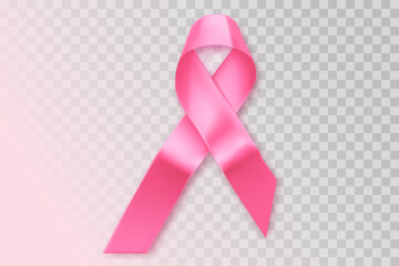 Breast cancer pink ribbon on transparent background. Awareness symbol, month. Breast october concept. Hope poster and female illustration. Silk ribbon in pink color.