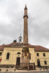 Eger Hungary-Eger Minaret in cloudy and foggy weather