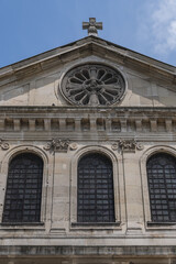 Fototapeta na wymiar Saint-Jacques-Saint-Christophe de la Villette church (Eglise Saint Jacques Saint Christophe de la Villette, 1844) - Neoclassical style Church at Bitche square. Paris, France.