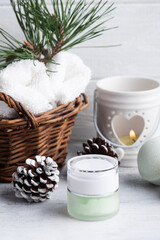 Beauty product in basket in Christmas SPA composition
