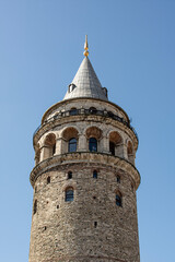 View of famous tourist place Galata tower from Serdar-I Ekrem street, Beyoglu district, Istanbul, Turkey