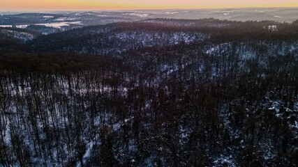 snowy covered woods trees nature - aerial