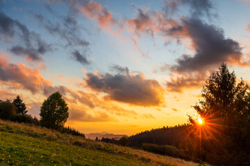 Naklejka na ściany i meble The last rays of the setting sun in the countryside.