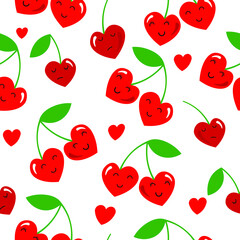 Ornament with cherry hearts seamless pattern for Valentine's day. Vector graphics