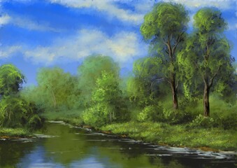 Paintings rural landscape, summer, river in the forest