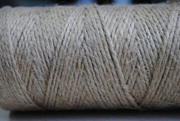 A ball of natural twine, linen. Close-up thread.