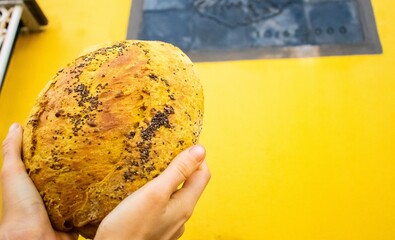 hand holding yellow bread with yeellow background