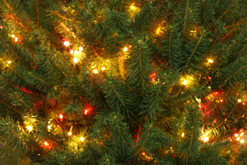 Blurred view of glowing bright fairy lights on Christmas tree