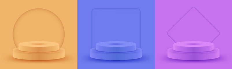 Round stage podium set illuminated with light. Collection Stage vector backdrop. Festive podium scene for award ceremony on orange, blue background. Vector white pedestal for product presentation.