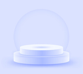 Round light blue stage podium illuminated with light. Stage vector backdrop. Festive podium scene for award ceremony on white, blue background. Vector white pedestal for product presentation.