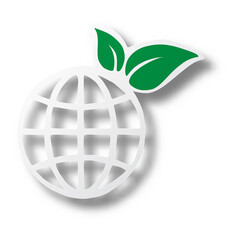 Vector illustration earth icon with green leaf on cut paper with shadow isolated on white background. Paper art. Environment concept.