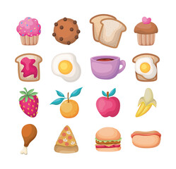 sets of all kinds foods icons on a white background