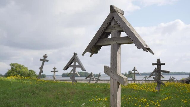 Russian ancient cemetery with Orthodox crosses.