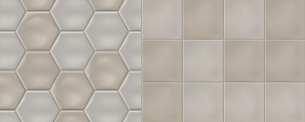 Beige colored ceramic tiles. Combination of hexagon and square, modern seamless pattern floor and wall tiles. 