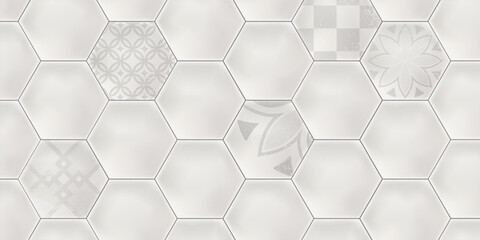 Grey colored hexagon ceramic tiles. Modern seamless pattern, hexagon ceramic tiles with damaged geometric texture. 