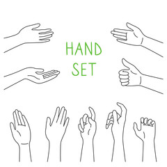 Hand line cartoon style set. Various gestures of human hands, different situations. Signs and emotions, representing, interactive communication. For infographic, web, internet, presentation. Vector
