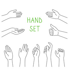 Fototapeta premium Hand line cartoon style set. Various gestures of human hands, different situations. Signs and emotions, representing, interactive communication. For infographic, web, internet, presentation. Vector