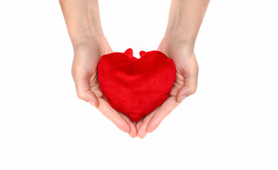 Obraz premium Woman hold red plush heart in hands isolated on white background.