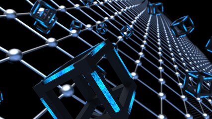 Blue illuminated Hot Iron Black Cube with Atom Plane Structure under Blue Flash Background. Blockchain network technology concept illustration. 3D illustration. 3D CG. 3D high quality rendering. 