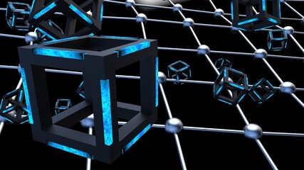 Blue illuminated Hot Iron Black Cube with Atom Plane Structure under Blue Flash Background. Blockchain network technology concept illustration. 3D illustration. 3D CG. 3D high quality rendering. 