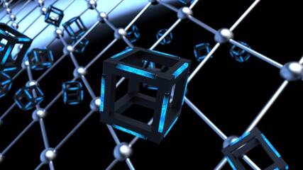 Blue illuminated Hot Iron Black Cube with Atom Plane Structure under Blue Flash Background. Blockchain network technology concept illustration. 3D illustration. 3D CG. 3D high quality rendering. 