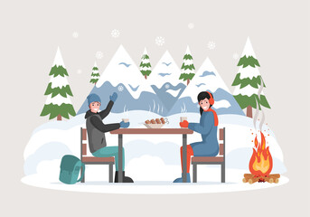 Happy winter holidays vector flat concept. Smiling man and woman in warm clothes sitting outdoor near campfire, eating barbecue, drinking hot coffee or mulled wine. Winter camping illustration.