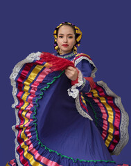 mexican latin woman with traditional folk costume with multicolored background, dancer and mexican...