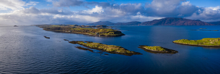 Aerial view of loch linnhe and offshore islands on the west coast of the argyll region of the highlands of Scotland during winter