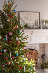 Fototapeta na wymiar Live Christmas tree with vintage ornaments