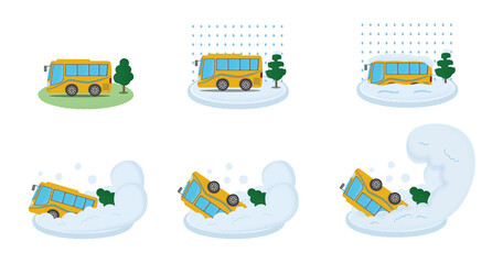 大雪の被害に遭う黄色い観光バスのベクターイラストセット