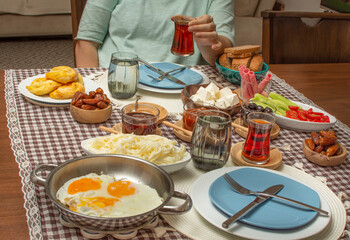 Middle Eastern traditional breakfast during Ramadan fasting (aka: Sahur or Suhoor). Date fruit for dinner or iftar.  Ramadan background. Ramadan kareem.