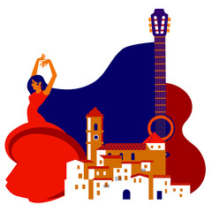 woman in red dress dancing flamenco with night spanish town and guitar. - obrazy, fototapety, plakaty