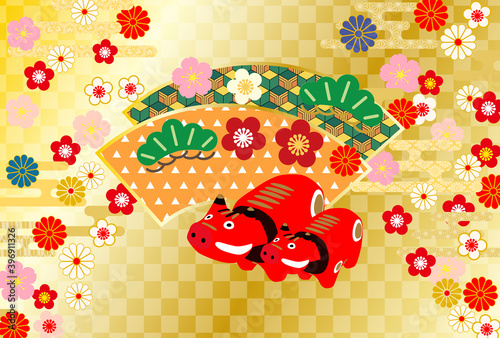 21年丑年年賀状 和柄赤べこ金色背景 Wall Mural Wallpaper Murals Rrice