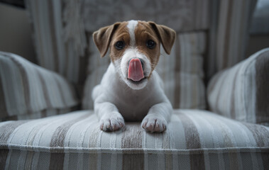 Jack russell puppy showing its tongue looking directly at camera while rests on a white and grey wing sofa