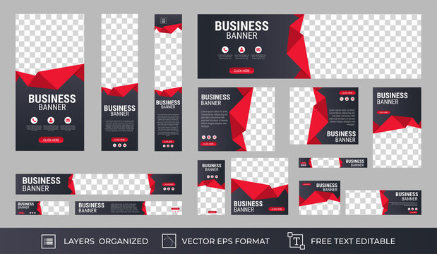 Set of Business Web Banners with standard size. Vertical, horizontal and square template. Vector EPS