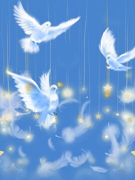  Wallpaper of Three doves of peace fly around shooting stars