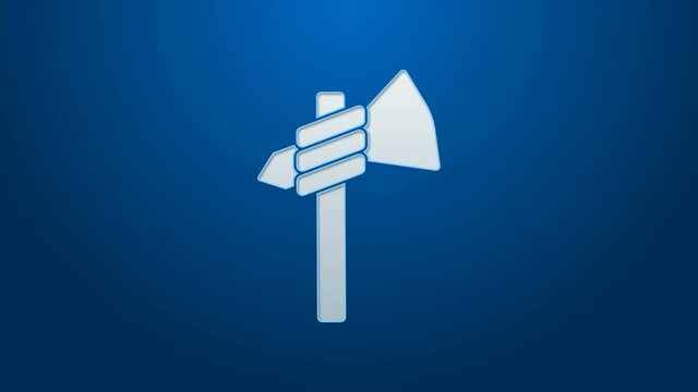 White line Native american tomahawk axe icon isolated on blue background. 4K Video motion graphic animation.