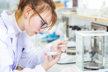 In a chemical laboratory, a girl laboratory assistant puts a chemical into a petri dish with a...