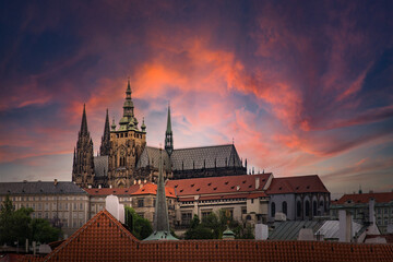 Prague Castle with cloudy sunset . - 396914545