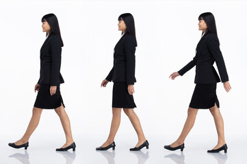 Asian Woman black hair stand 360 turn rear side back view isoalted